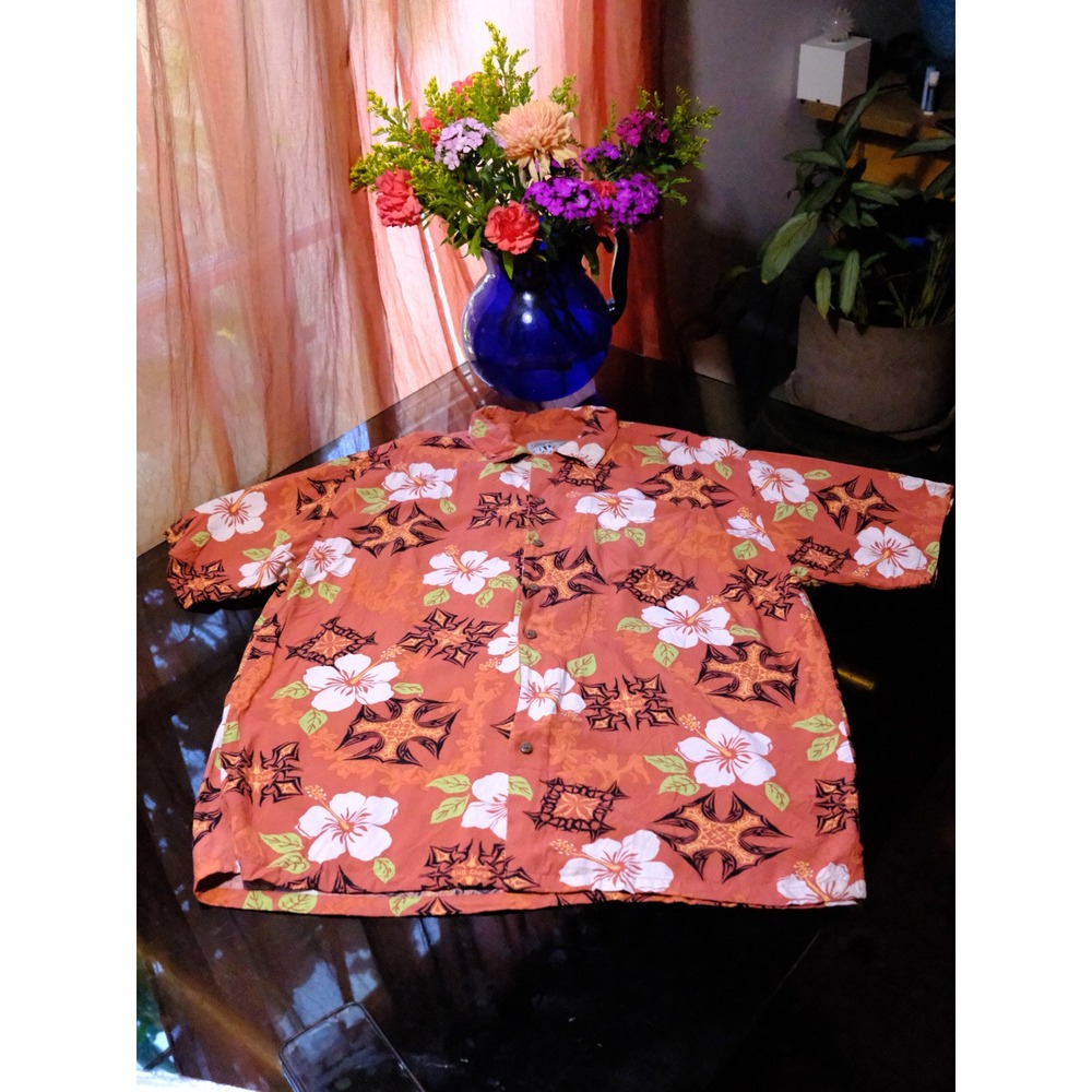 intage Big Dogs Hawaiian Shirt Dark Orange Hibiscus Tribal Tiki Print Size L